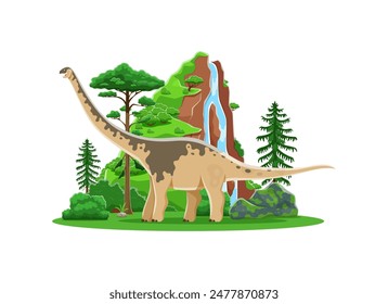 Personaje de dinosaurio prehistórico de caricatura paralitista vagando en la escena de la naturaleza serena. Saurópodo dino amigable con el Vector parado en el paisaje de la era Jurásica con flora exuberante, árboles altos, helechos y cascada