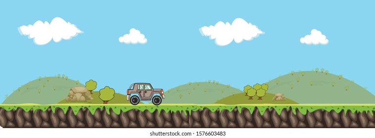 parallax 2d background blue sky and trees with cartoon car on kids environment