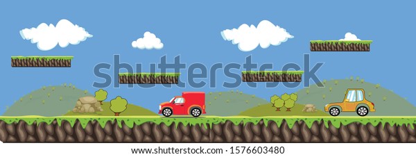 parallax 2d background blue sky and trees\
with cartoon car on kids\
environment