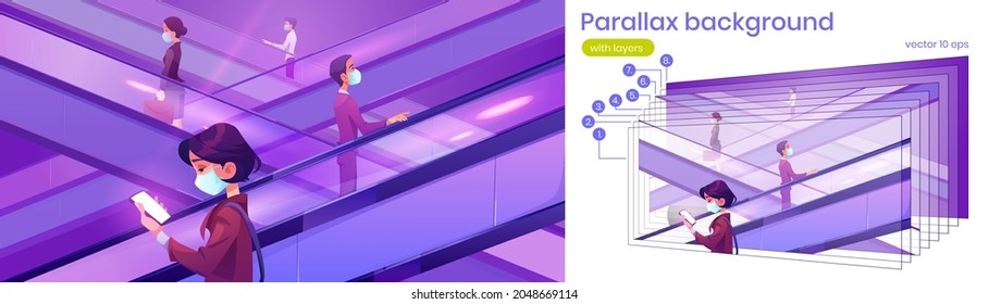 Parallax 2d background people in medical masks on escalators in mall. Moving staircase carrying men and women up and down during covid 19 pandemic vector scene, separated cartoon layers for game