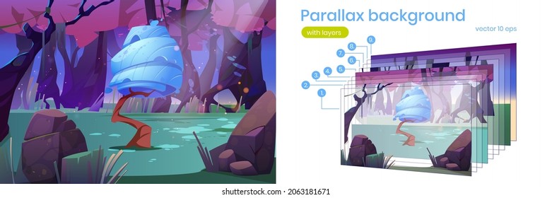 Parallax background 2d landscape with funny fantasy tree in magic forest. Alien planet unusual nature plant, cartoon scenery view with separated layers, animation for game scene, Vector illustration