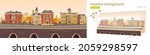 Parallax background 2d vintage city, retro autumn cityscape street with european victorian buildings along lake promenade. Cartoon game layered scene with colonial architecture, Vector illustration