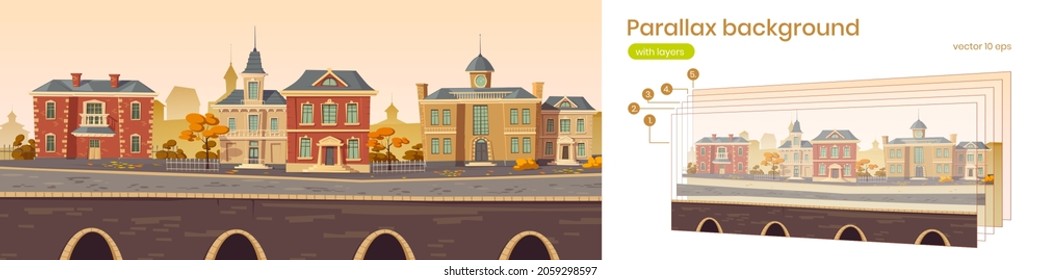 Parallax background 2d vintage city, retro autumn cityscape street with european victorian buildings along lake promenade. Cartoon game layered scene with colonial architecture, Vector illustration