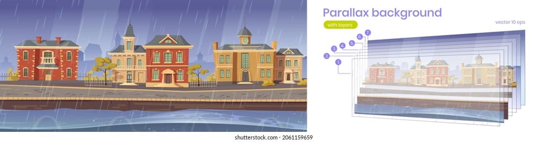 Parallax Hintergrund 2D Vintage Stadt bei Regen, Retro City Herbststraße mit europäischen Kolonialgebäuden und Seepromenade. Cartoon-Spielszene, Vektorgrafik