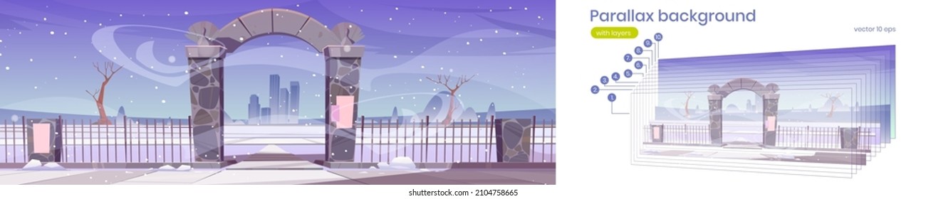 Parallax background 2d winter landscape with stone arch gate. Entrance to public park or garden, snow, bare trees and city buildings on skyline, separated layers for game animation Vector illustration