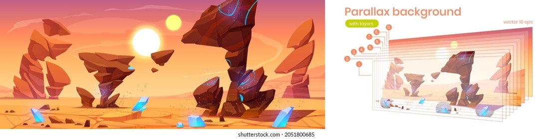 Parallax Background Alien Planet 2d Landscape In Space, Fantasy Cosmic Land With Rocks, Blue Crystals, Two Suns On Sky. Martian Extraterrestrial Computer Game Backdrop, Cartoon Separated Vector Layers