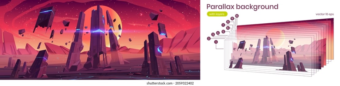 Parallax background alien planet surface futuristic 2d landscape. Cartoon fantasy game scene with glowing flying rocks and starry red sky, separated layers for ui animation, Vector slidescroll graphic