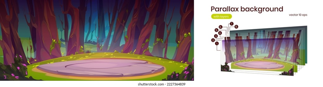 Parallax background ancient celtic round stone platform or game battle podium in green forest. Fantasy landscape separated layers with trees and old abandoned sacred altar, Cartoon vector illustration