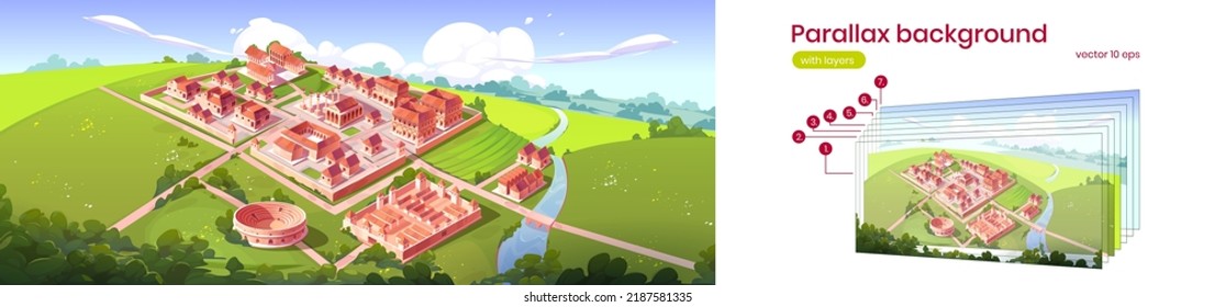 Parallax background Ancient Rome city isometric cartoon cityscape. Separated vector layers of Capitol, basilica, Castrum, Medicorum, Harbor, Roman Amphitheater, forum, taberna and insula buildings