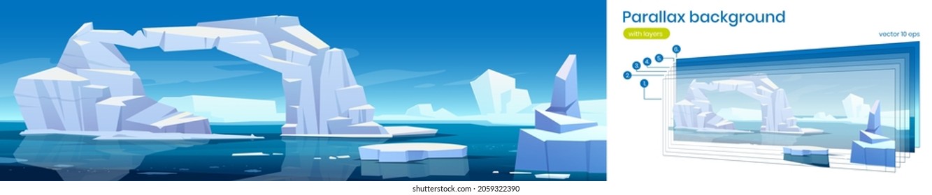 Parallax Hintergrund arktische 2d Landschaft, Eisberg und Gletscher schwimmen im Meer. Polare oder antarktische Natur mit Eis in blauem Meerwasser. Cartoon-getrennte Schichten für die Spielszene, Vektorgrafik