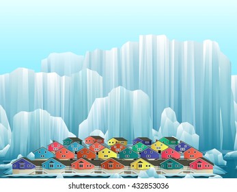 Parallax background of arctic greenland town with bright houses. Vector winter landscape.