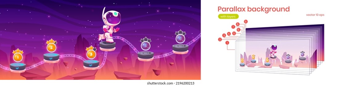 Parallax Background With Astronaut Jump On Platforms With Bonus Assets On Alien Planet Landscape. Space Game Mobile Arcade Template With Separated Layers, Cartoon 2d Gui Adventure Vector