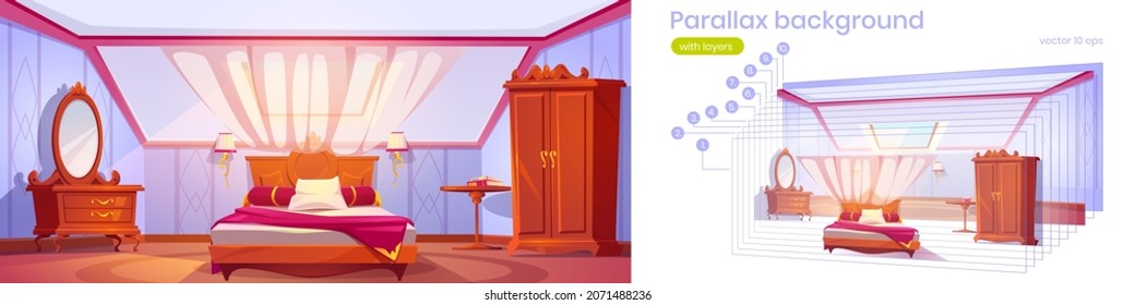 Parallax background attic bedroom or guest room 2d interior with bed, wardrobe, table, mirror and window separated layers for game animation. Cozy loft hotel apartment, mansard Vector illustration