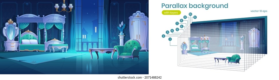 Parallax background baroque night bedroom 2d interior. Vintage room with luxury furniture bed with canopy, lamp, wardrobe, mirror, table and armchair separated layers, Cartoon vector illustration