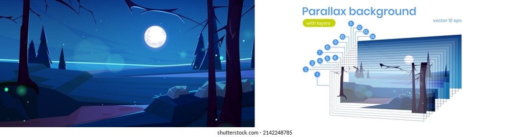 Parallax background, cartoon night nature landscape with field, dirt path and conifers trees under dark sky with full moon and stars. 2d separated layers ready for game animation, Vector illustration