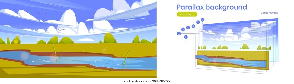 Parallax background, cartoon scenery 2d landscape with lush green fields of meadows and river or creek flowing across the vast lands, separated graphic layers for game animation, Vector illustration