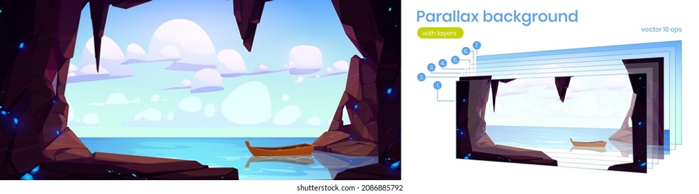 Parallax background cave seaview 2d landscape with wood boat float on water surface. Cartoon nature scenery view with hole in rock, ocean and clouds in blue sky separated layers, Vector game scene