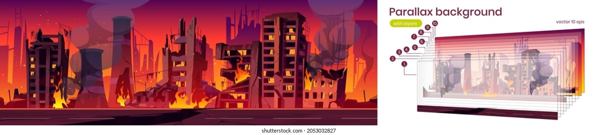 Parallax Background City In Fire, War Destroy, Abandoned Burning Broken Buildings With Smoke And Flame. 2d Cartoon Cityscape Game Scene Separated On Layers, Apocalypse Ui Animation Vector Illustration