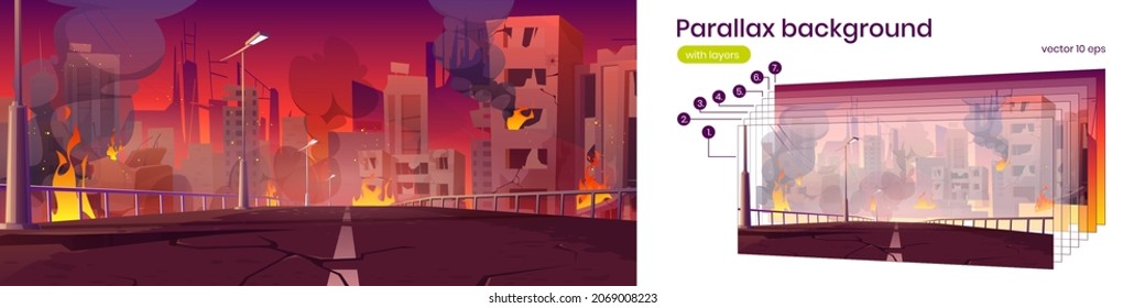 Parallax background city in fire, war destroy, abandoned burning broken buildings and bridge 2d cityscape . Cartoon bomb destruction view with separated layers for game scene, Vector illustration