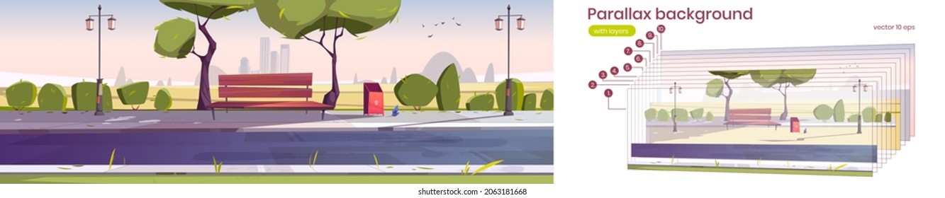 Parallax background city park with bench at early morning. Summer or spring scenery cityscape. Cartoon urban 2d landscape with outddor public garden separated layers for game scene Vector illustration