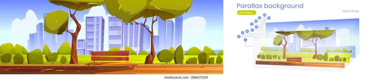 Parallax background city park with bench at sunny day. Summer scenery cityscape. Cartoon urban 2d landscape with outddor public garden separated layers for game panoramic scene, Vector illustration