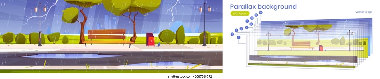 Parallax background city park with bench at rainy weather, summer or spring rain scenery cityscape. Cartoon urban 2d landscape with public garden separated layers for game scene, Vector illustration