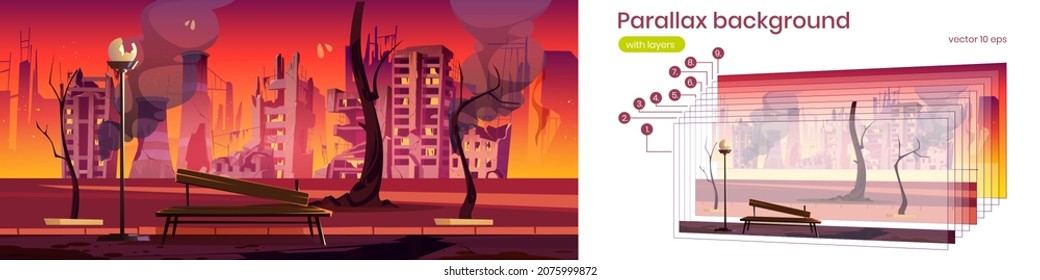 Parallax background city park in fire, war destroy, abandoned burning broken bench and skyscraper buildings 2d cityscape. Cartoon apocalyps game scene, view with separated layers, Vector illustration