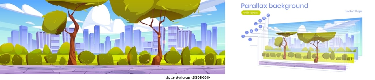 Parallax background city skyline, summer urban view with skyscrapers, green lawn, trimmed bushes and trees along pathway. 2d cityscape with separated layers for game animation, Vector illustration