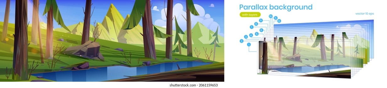 Parallax background coniferous forest with lake and mountains. Nature 2d landscape with pond in deep wood. Cartoon summer nature scenery view with separated layers for game scene. Vector illustration