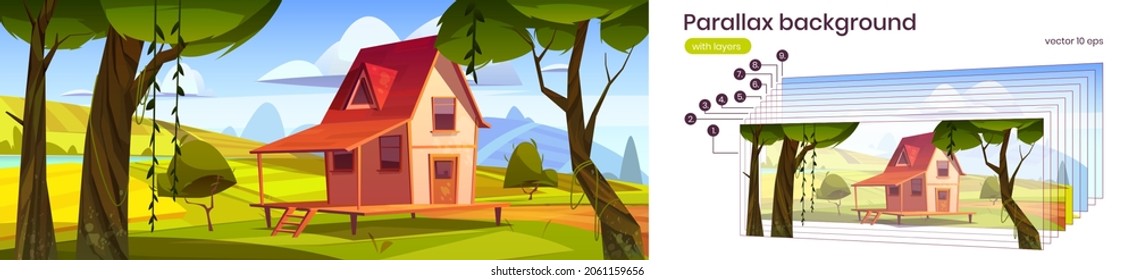 Parallax background cottage at summer 2d landscape, wooden house on stilts on green field with forest trees around. Cartoon nature scenery view with separated layers game scene, Vector illustration