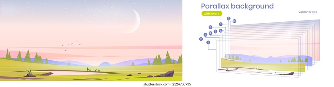 Parallax background with early morning nature landscape with green field with pond, grass, rocks and conifers under pink sky with crescent, 2d layers for game animation, Cartoon vector illustration