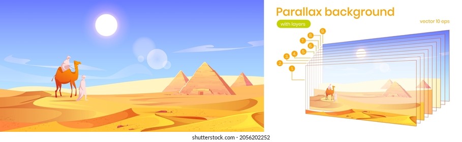 Parallax background Egypt desert landscape with pyramids and bedouins with camel. Egyptian scenery view of famous landmark in gold sand dunes. Cartoon nature separated layers, Vector 2d game scene