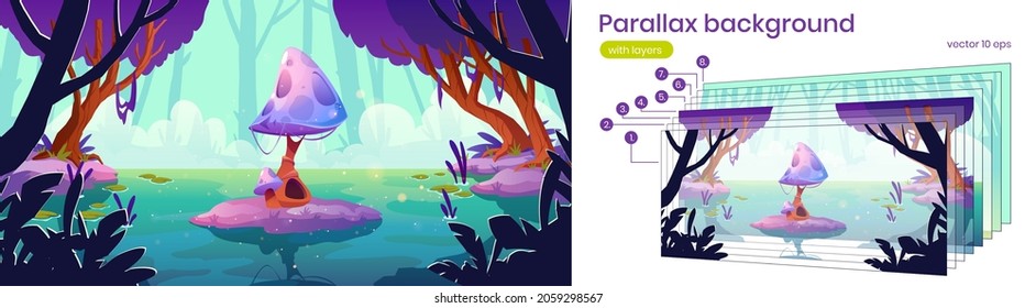 Parallax background fantasy 2d landscape with huge mushroom in forest pond or swamp. Alien planet nature cartoon scenery view with separated layers, animation for game scene, Vector illustration