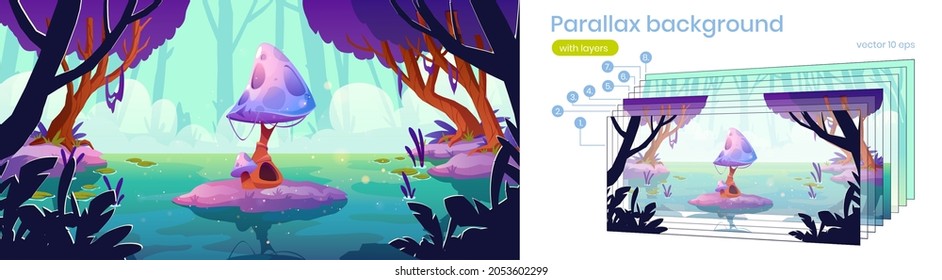 Parallax background for fantasy game, huge mushroom in forest pond or swamp 2d landscape. Alien or magic nature, fairy beautiful fungus, cartoon scenery view with separated layers, Vector illustration