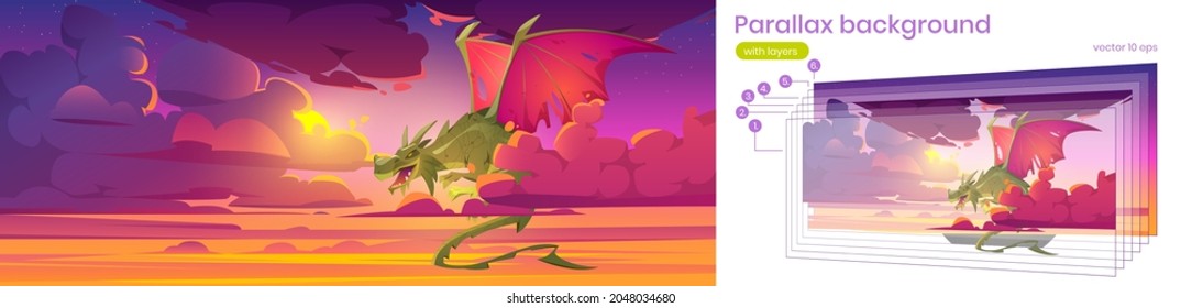 Parallax background for game, with dragon in sky, fantastic character 2d layered animation, magic creature flying in beautiful heaven with purple clouds, fairytale scene Cartoon vector illustration