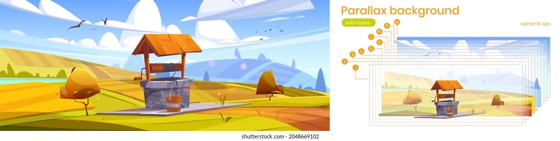 Parallax Background For Game, Old Stone Well With Drinking Water On Hill With Farm Fields Around. Autumn 2d Landscape With Vintage Rural Well And Bucket On Rope Separated Layers, Cartoon Vector Scene