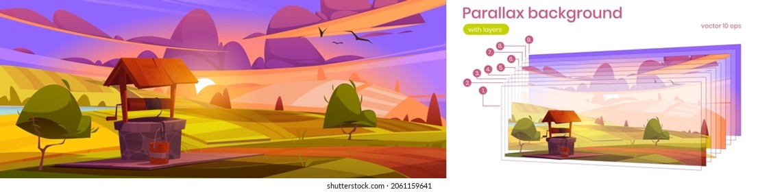 Parallax background for game, old stone well with drinking water on hill with farm fields around. Summer 2d landscape with vintage rural well and bucket on rope separated layers, Cartoon vector scene