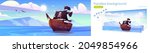 Parallax background for game, pirate ship in sea, filibusters battleship with black sails, flag and jolly roger floating on ocean water surface with mountains and blue sky, Cartoon vector illustration