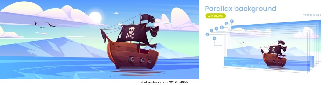 Parallax background for game, pirate ship in sea, filibusters battleship with black sails, flag and jolly roger floating on ocean water surface with mountains and blue sky, Cartoon vector illustration svg