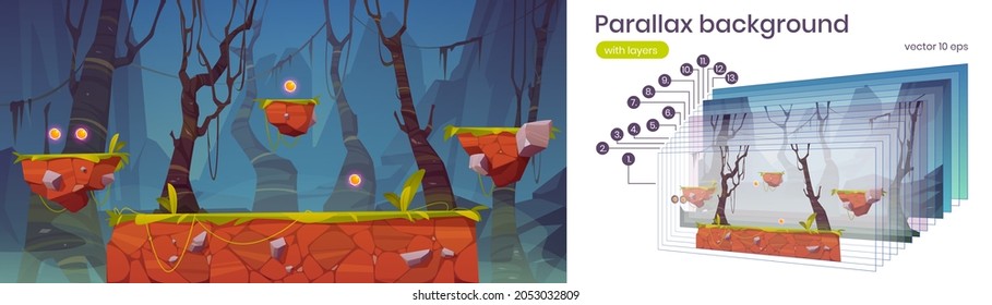 Parallax Hintergrund-Spiel-Plattform Cartoon 2d Landschaft. Dunkler Wald mit gruseligen Bäumen und Bergen. Fantasy world ui design for pc oder mobile, springende Arcade Elemente und Objekte Vektorgrafik-Lagen-Szene