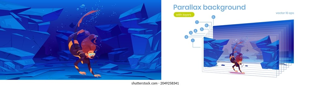 Parallax background for game, scuba diver woman explore sea bottom. Girl in diving mask swim in ocean underwater 2d landscape, effect for animation with separated layers, Cartoon vector illustration