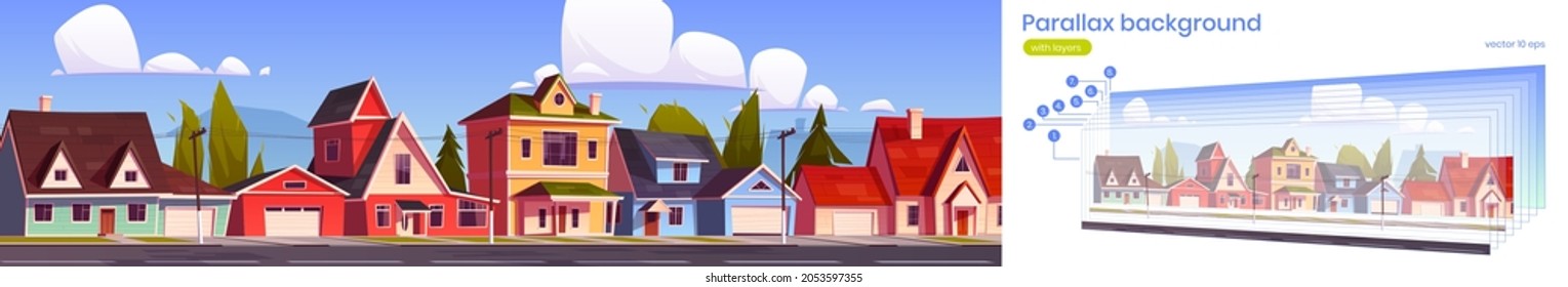 Antecedentes paralelos para las casas de juegos de los suburbios, calle suburbana con casas residenciales de 2d de paisaje urbano. Viñeta de caricatura de edificios rurales escena con capas separadas, animación gráfica Ilustración vectorial