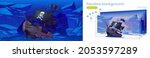 Parallax background for game, sunken pirate ship with black sails and flag with skull and crossbones on sea bottom. Cartoon vector underwater 2d landscape with broken wooden boat after wreck layers