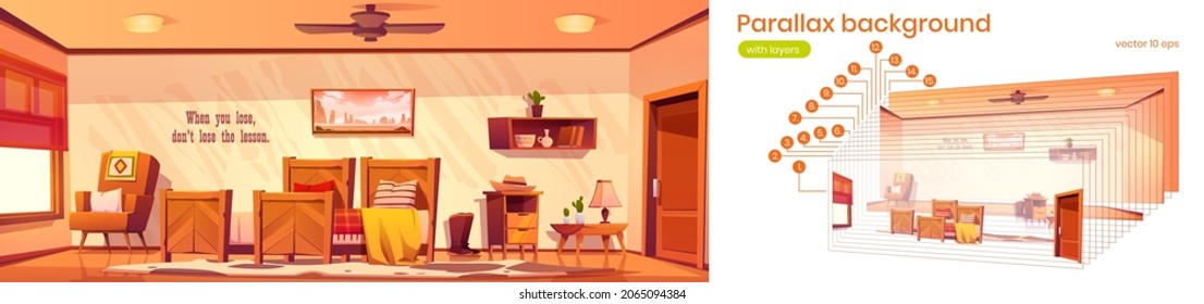 Parallax background for game with wild west bedroom interior in western rustic style. 2d cartoon room with wooden furniture bed, armchair, table, lamp, bookshelf separated layers, Vector illustration
