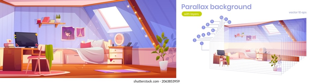 Parallax background girl bedroom interior on attic. Teenager mansard room with unmade bed, window, workspace with computer. Cartoon 2d separated layers for game animation scene, Vector illustration