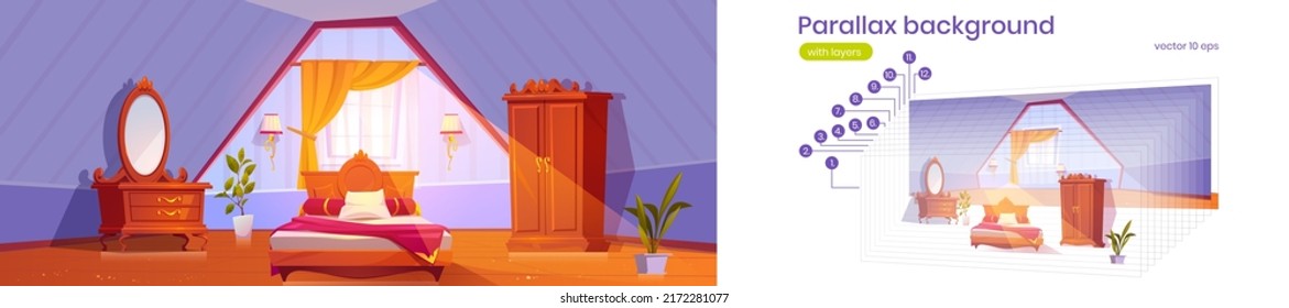 Parallax background girl bedroom on attic for 2d game animation. Cute Interior in pink colors with bed, wardrobe, mirror, curtained window and sunbeam. Cozy vector mansard for teen separated layers