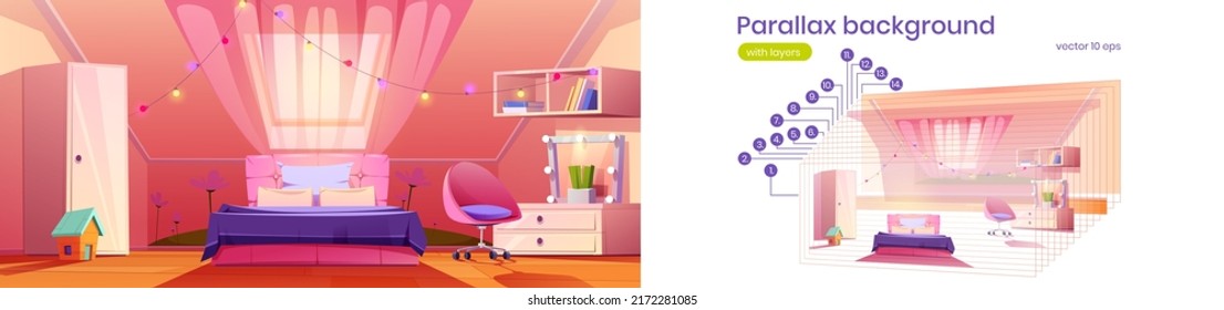 Parallax background girl bedroom on attic for 2d game animation. Cute Interior in pink colors with bed, wardrobe, mirror, curtained window and garlands. Cozy vector mansard for teen separated layers