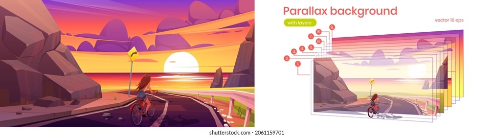 Parallax background girl on bicycle riding mountain road at dusk seascape view. Young woman on bike 2d nature landscape. Cartoon character and separated layers for game scene, Vector illustration