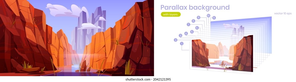 Parallax background Grand Canyon with river, national park of Arizona, red sandstone mountains, horizon with sand rocks and sky, nature landscape separated on layers for game, Cartoon 2d vector scene