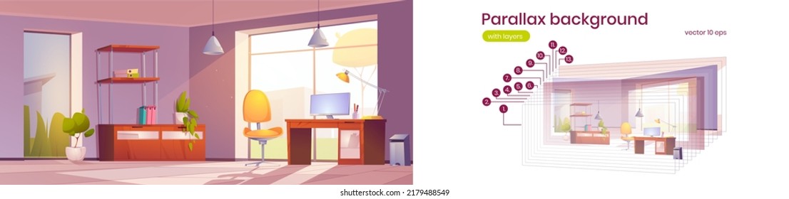 Parallax Background Home Office Interior, Room For Working With Pc Desk Front Of Large Window. Area For Freelance Or Business 2d Game Animation Layers, Iu Sidescroller, Cartoon Vector Illustration